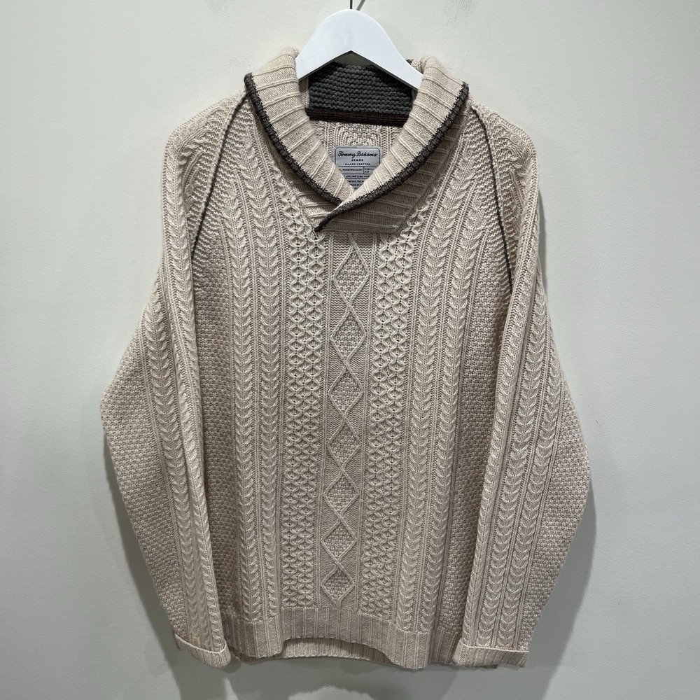 Tommy‎ Bahama Jeans Mens L Lambswool Shawl Collar Cable Knit Sweater Fisherman